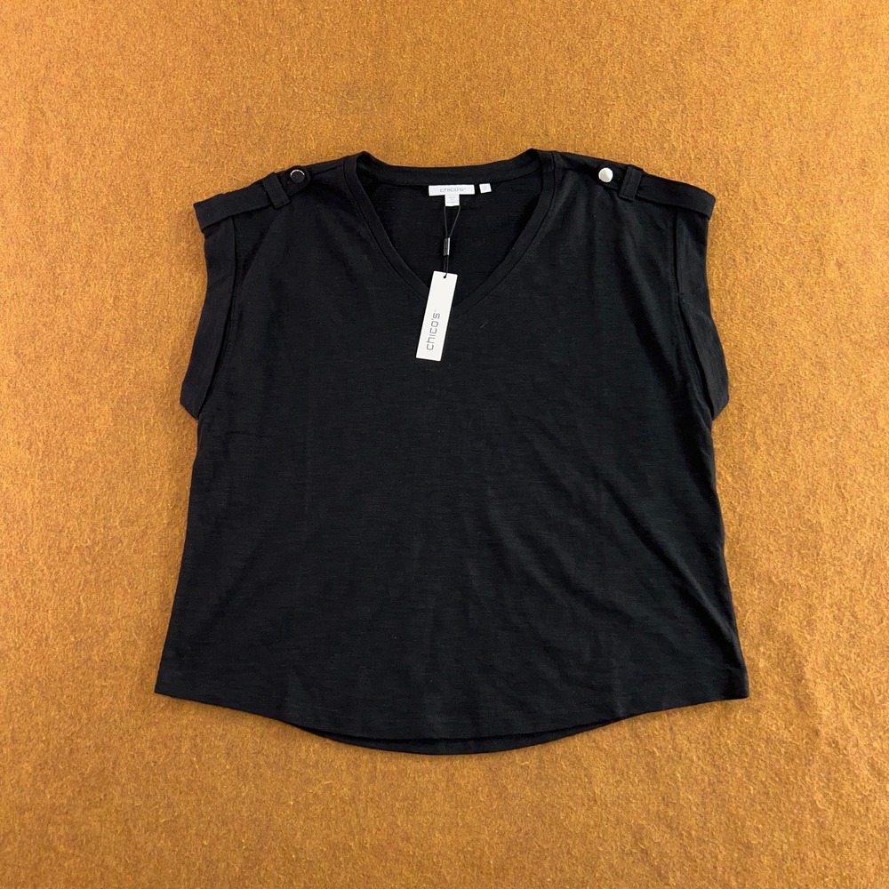 Chico's Womens 1 US Medium Black Cotton Slub Cap Sleeve Shoulder Button Tee NWT